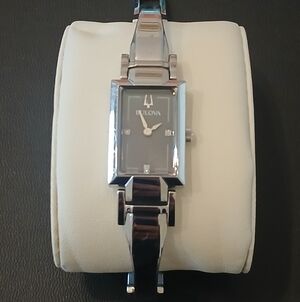 Bulova Womens Watch 96P209 Silver Tone Black Mother of Pearl Dial Diamond Accent